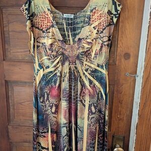 ONE WORLD Green and Brown Maxi Sundress with Scoop Neck